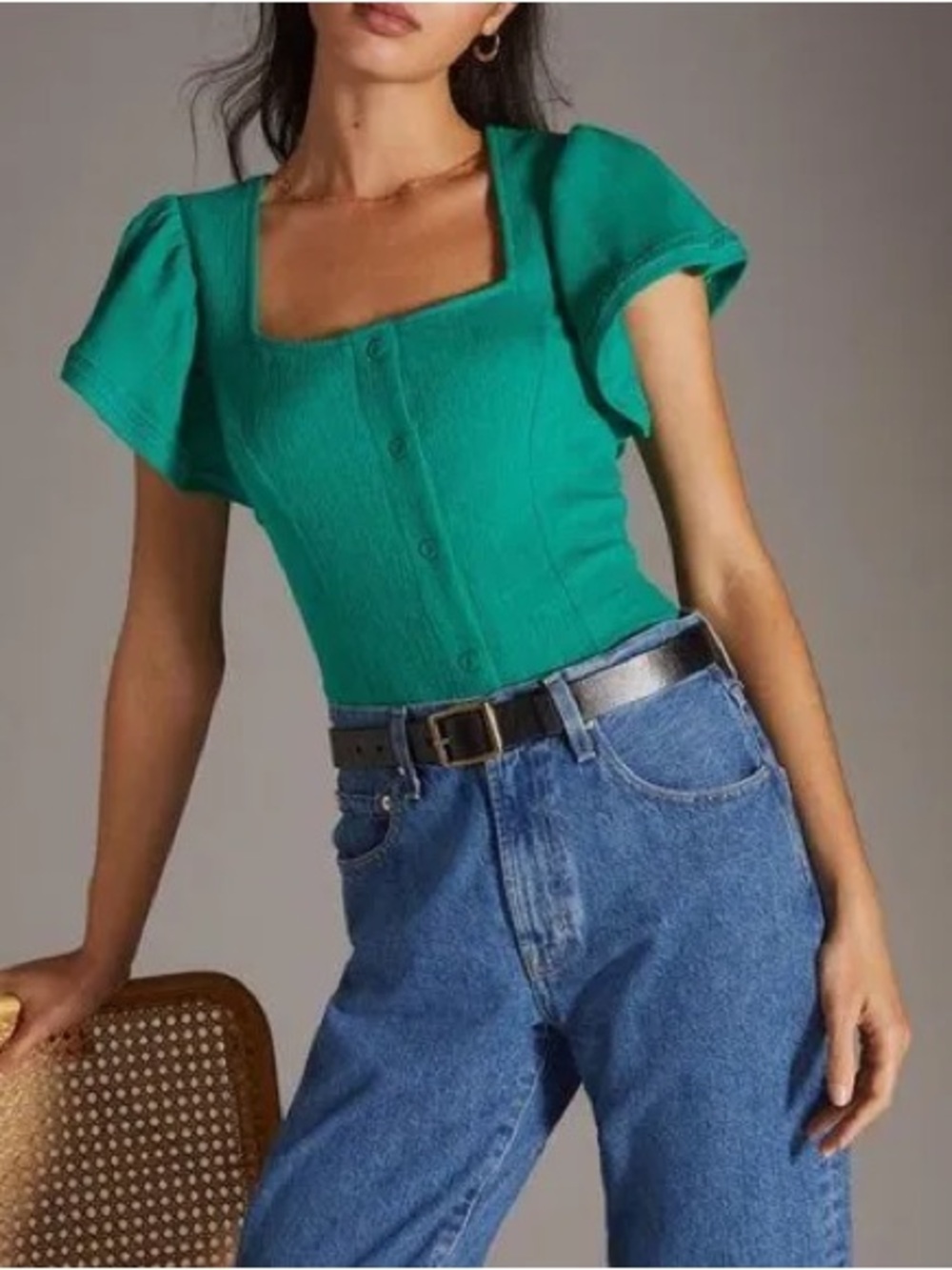 Anthropologie Teal Square-Neck Puff Sleeve Crop Top